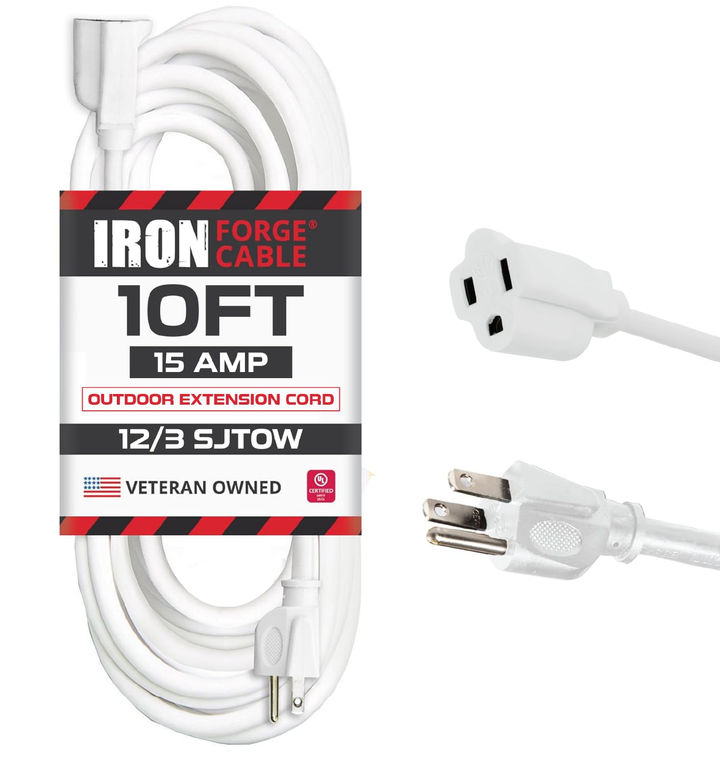 Iron Forge Cable 12 Gauge Extension Cord 10 Ft, Sjtow Water & Oil Resistant 10 Foot Heavy Duty Extension Cord 3 Prong, 10' White
