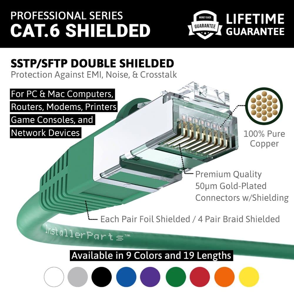 Installerparts (5 Pack Ethernet Cable Cat6 Cable Shielded (Sstp/Sftp) Booted 3 Ft   Green   Professional Series   10Gigabit/Sec