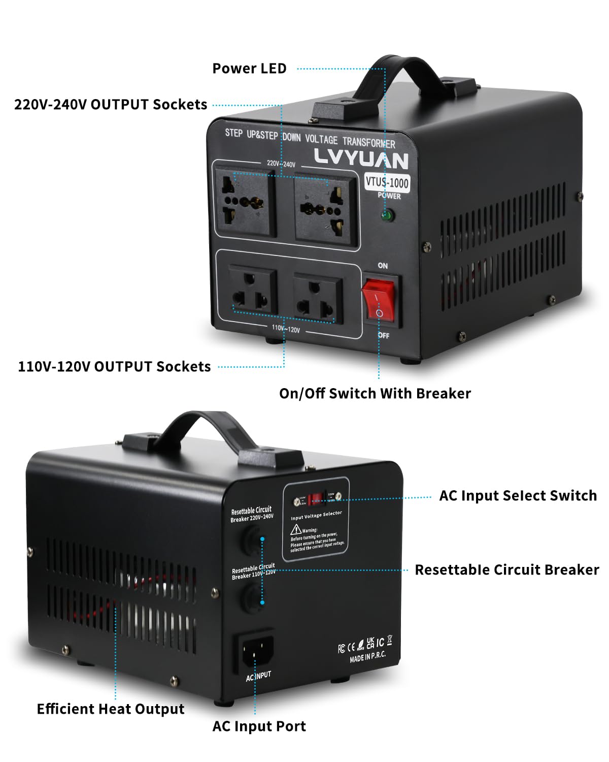 Lvyuan Voltage Converter Transformer 1000 Watt Step Up/Down Convert From 110V 120V To 220V 240Vt And From 220V 240V To 110V 120V