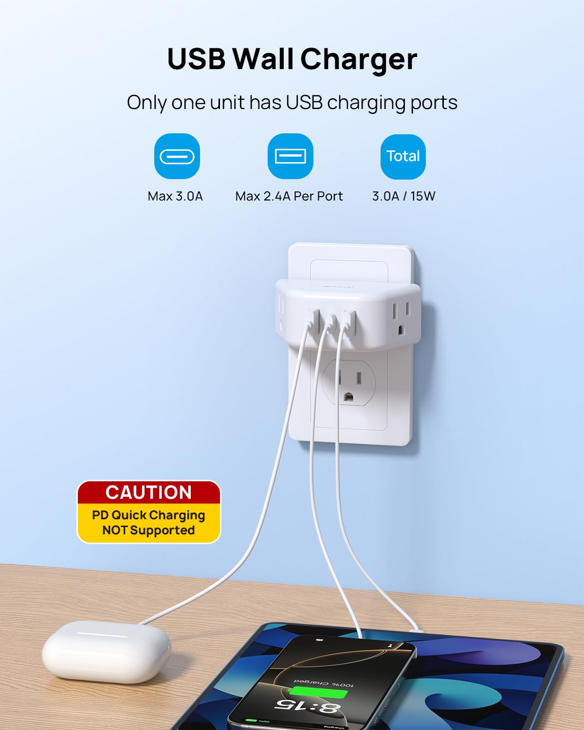 Trond Multi Plug Outlet Extender With Usb - 2 Pack Wall Splitter, 3 Way Angled Outlet Adapter, Cruise Essentials, Small Multiple