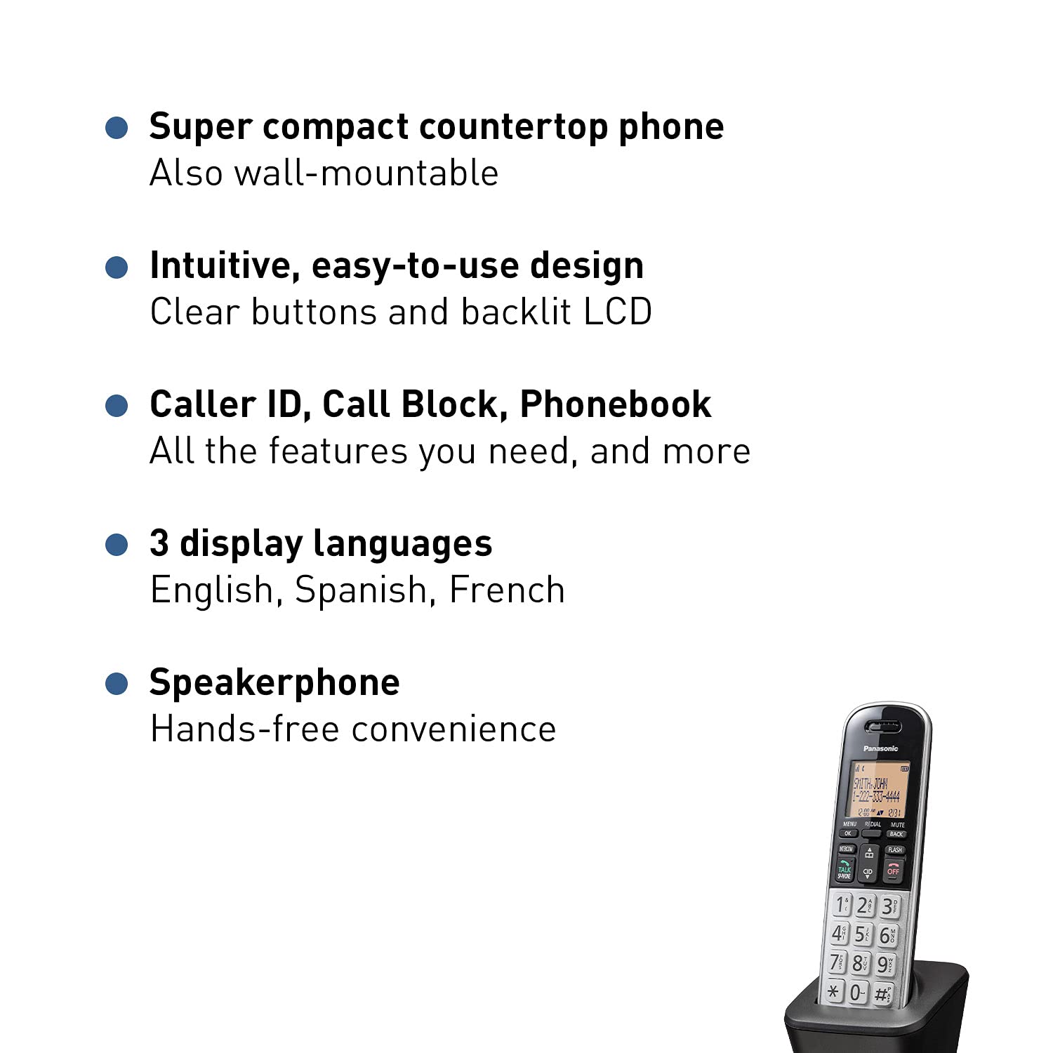 Panasonic Compact Cordless Phone With Dect 6.0, 1.6'' Amber Lcd And Illuminated Hs Keypad, Call Block, Caller Id, Multiple Displ
