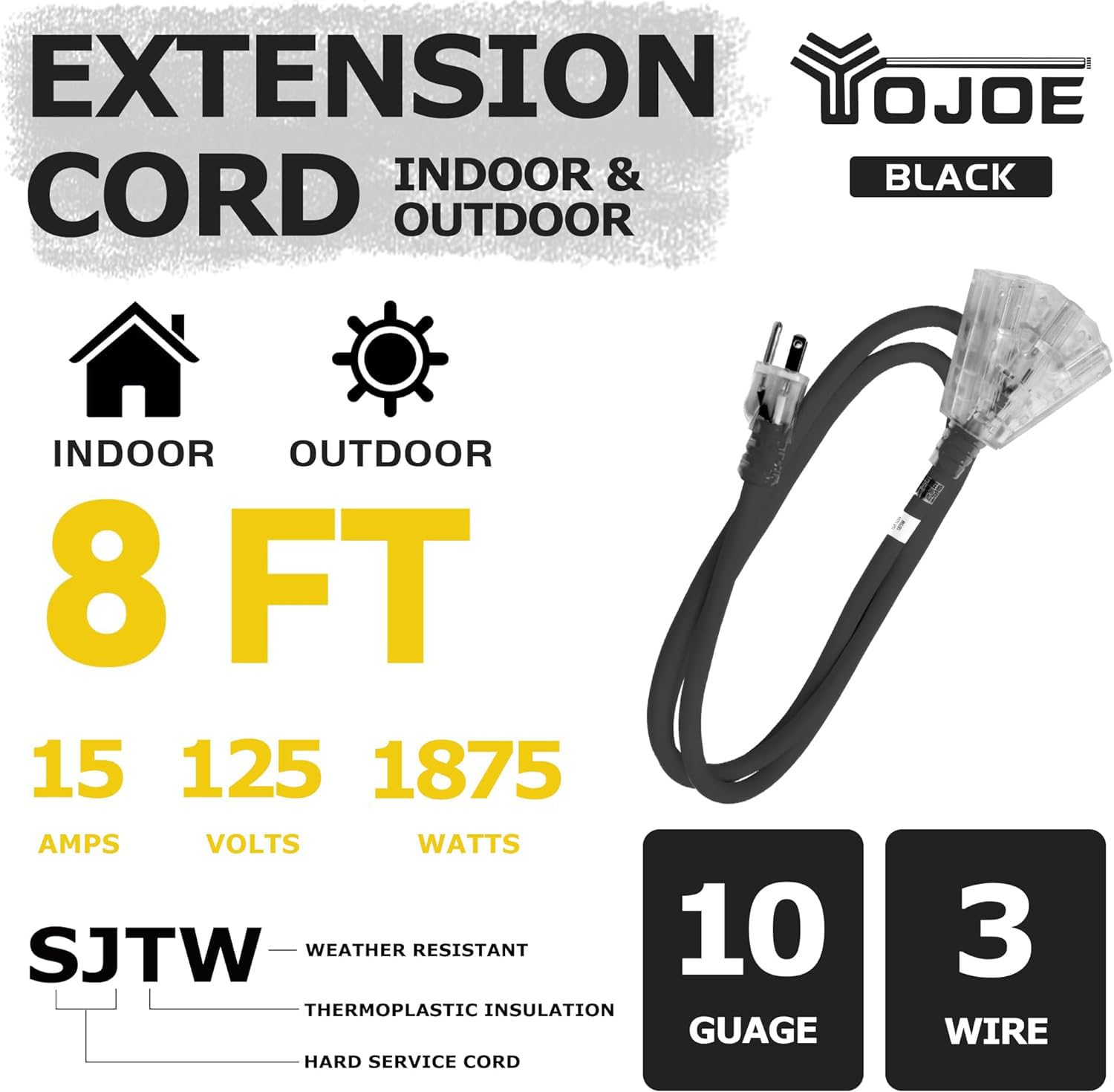 Yojoe 3 Outlets Indoor Outdoor Extension Cord With Lighted End, 3 Prong 15A Weatherproof Power Cord, 10 Gauge Heavy Duty 8 Ft Bl