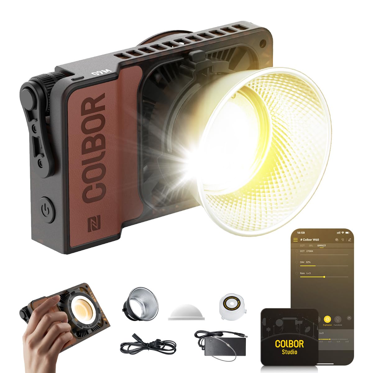 Colbor Video Light, W60 60W 2700K 6500K Bi Color Pocket Continuous Output Lighting With Led Screen 3 Powering Options App Contro