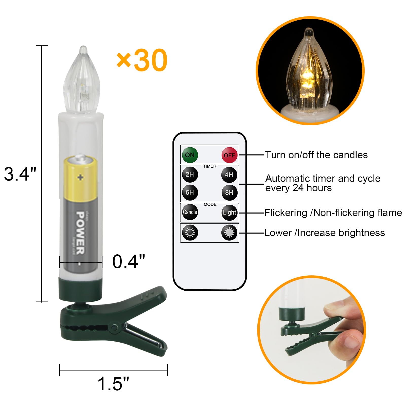Dromance Christmas Tree Flameless Taper Candle Lights Battery Operated With 10 Key Remote And Timer, 30 Pack Plastic 3D Wick Fli