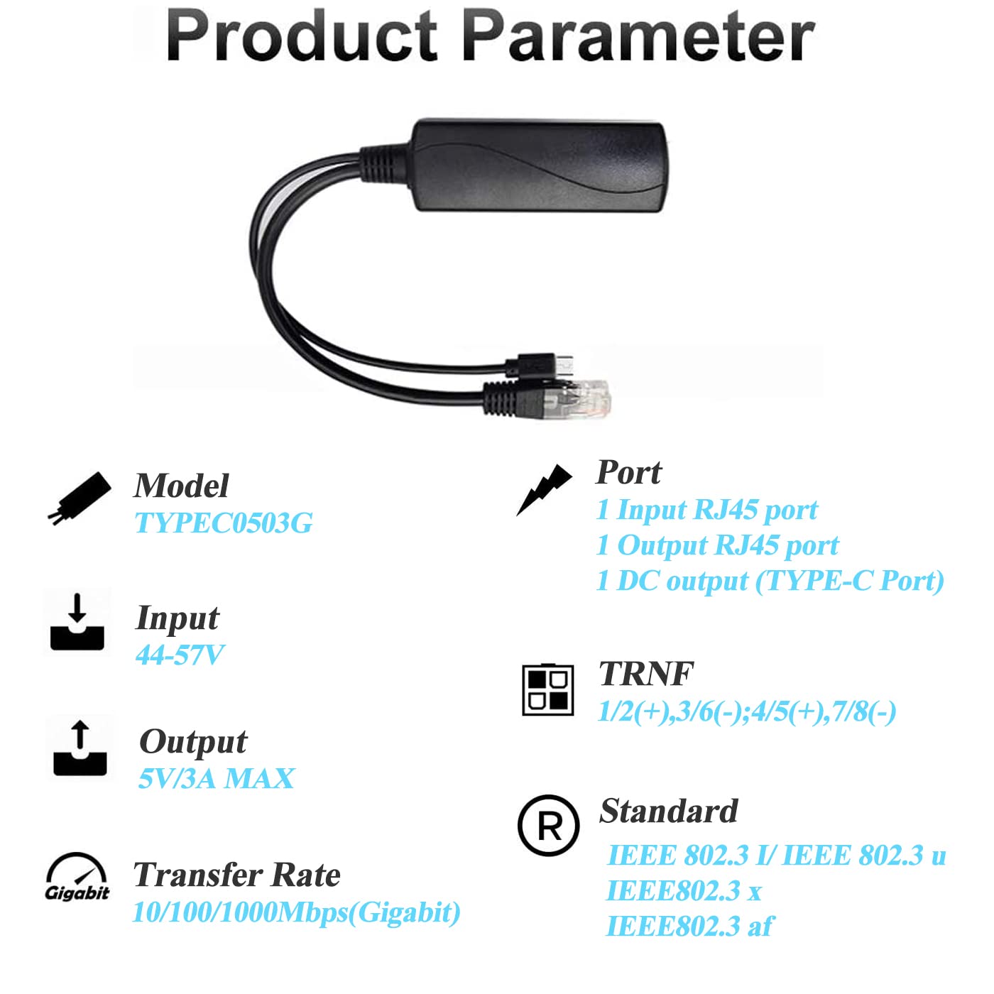 Gigabit Type C Poe Splitter 5V 3A, Ieee 802.3Af/At Standard, 10/100/1000Mbps Type C Power Over Ethernet Splitter With Rj45 Port