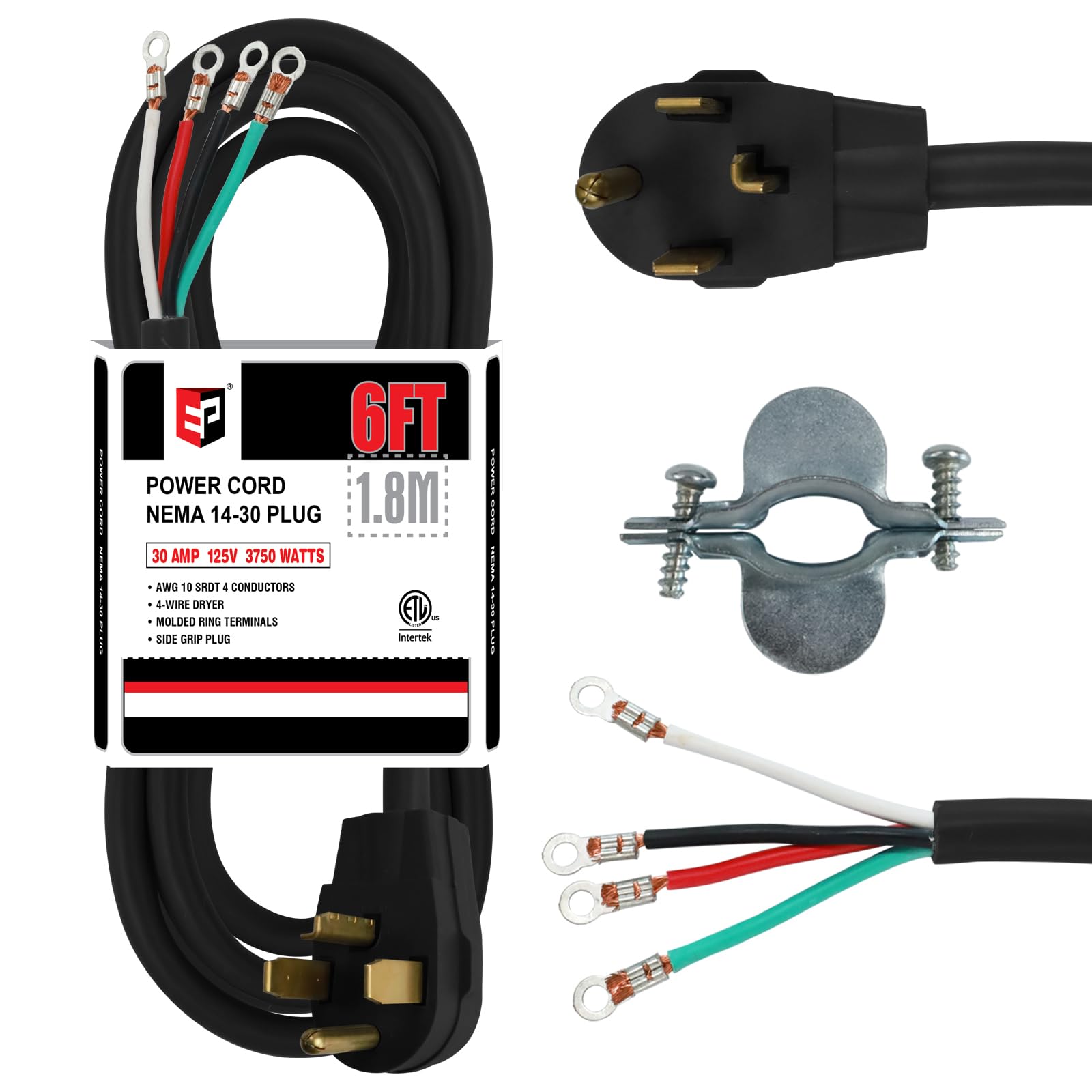 Ep 4 Prong Dryer Cord, 6 Ft 10/4 Srdt, 30Amp Appliance Extension Power Cord, Nema 14 30, Black