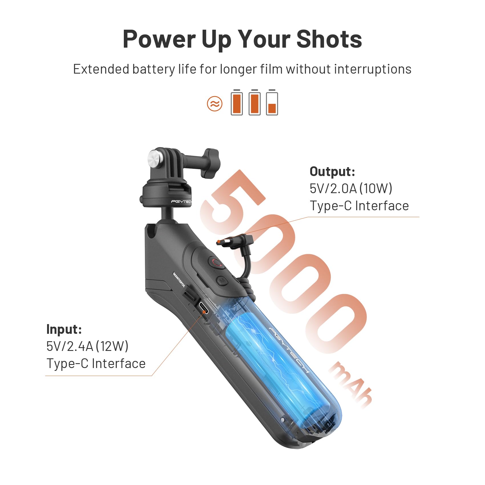Pgytech Caplock Mantispod Power For Gopro, Charging Handle Grip Mount With Remote Control, 5000Mah Battery Power Selfie Stick, V