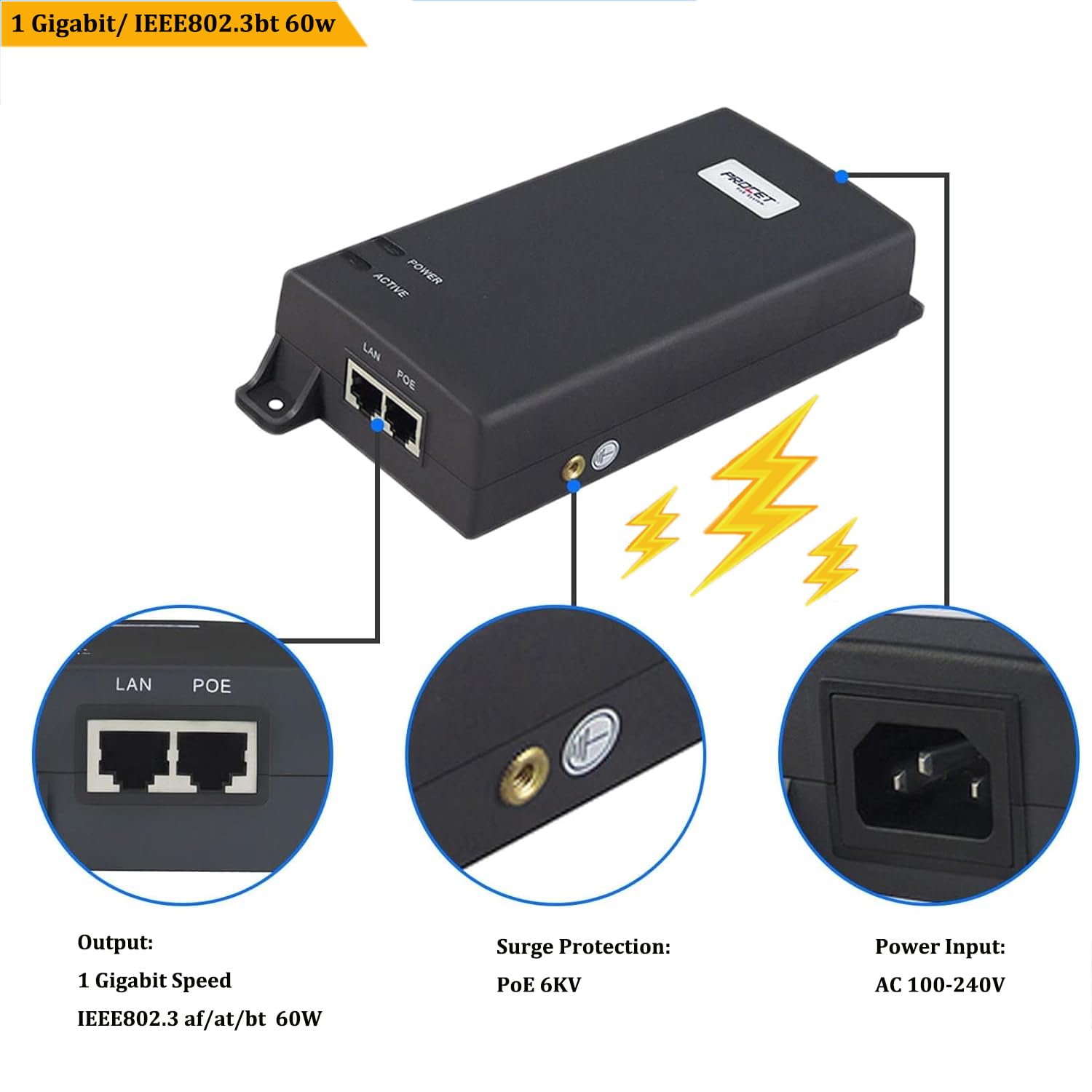 Procet Poe Injector 802.3Af/At/Bt 60W 10/100/1000Mbps Gigabit Active Poe+/Poe++ Power Supply Injector With 6Kv Surge Protection For Ip Camera, Wireless Ap, Iot, Kiosks, Pt Pse106Gw Ar