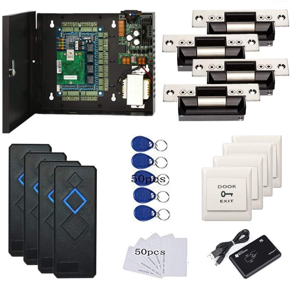 Mengqi Control 4 Doors Access Control Security Kits With North American Ansi Standard Strike Lock 110V Power Supply Box Rfid Reader Rfid Card & Key Fob Tcp/Ip Based Phone App Remotely Open Door