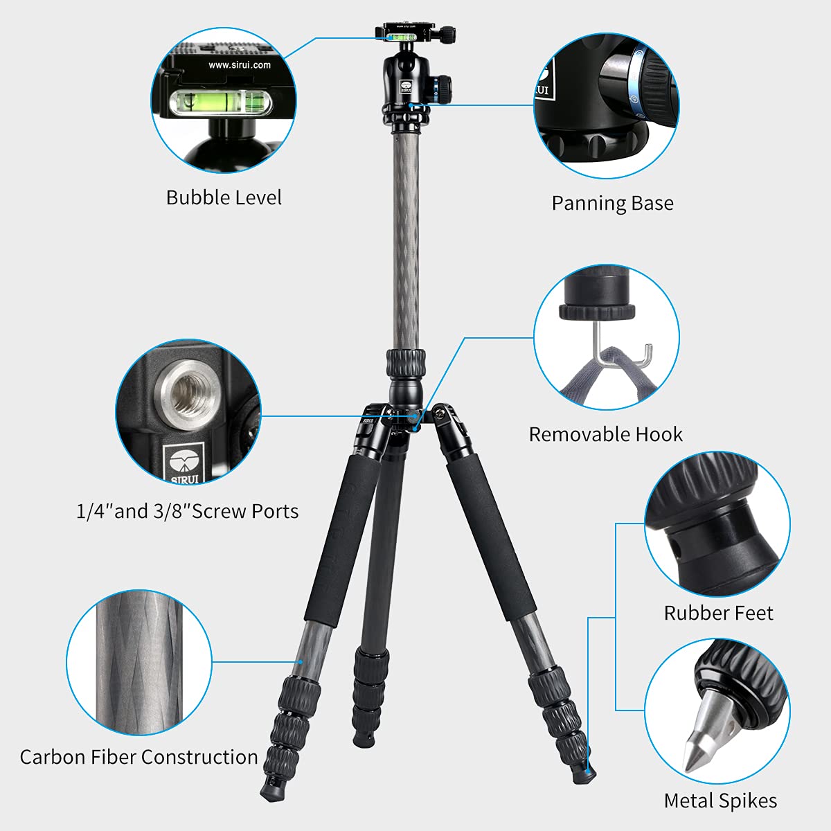 Sirui Professional Heavy Duty Carbon Fiber Tripod, 61' Camera Tripod With Fluid Ball Head, Max Load 33Lbs(Mt2204+K 20X)
