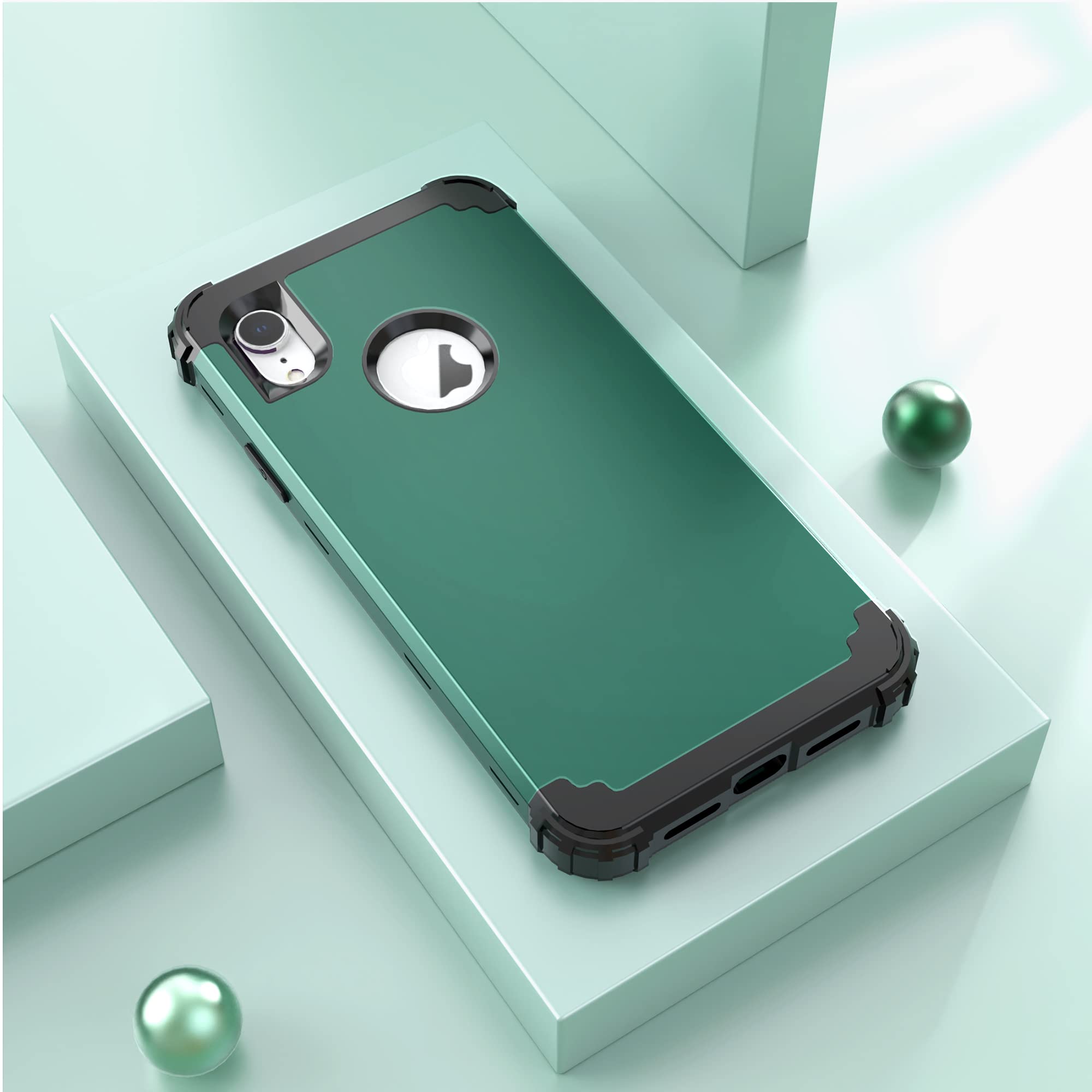 IDweel iPhone XR 3-in-1 Shockproof Hybrid Full Body Phone Case PC Silicone Graphite Green with Tempered Glass