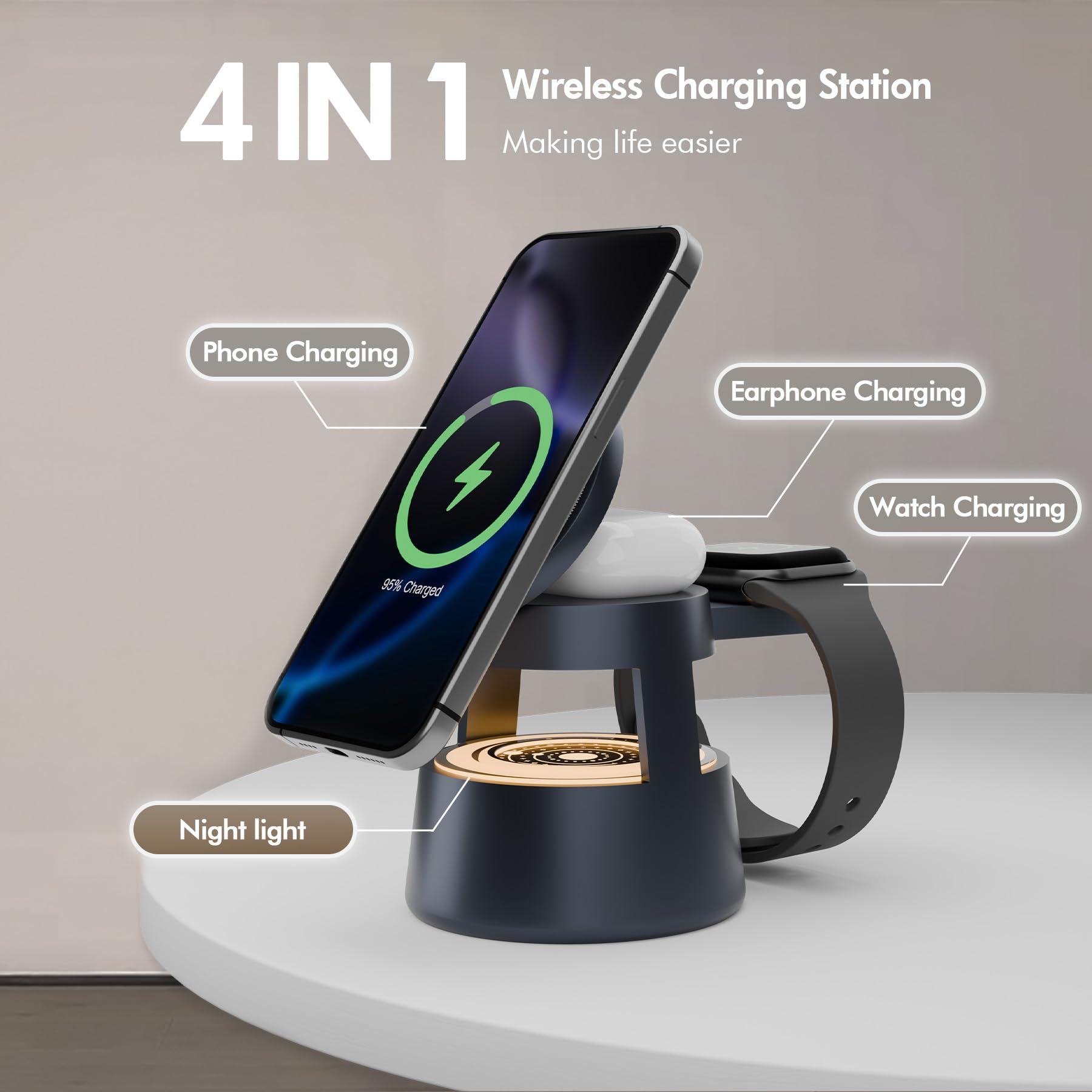 Wireless Charging Station Mag-Safe Charger : 4 In 1 Fast Charger 15W Travel Stand For Iphone16E 16 15 14 13 12 Pro Max - With Ni