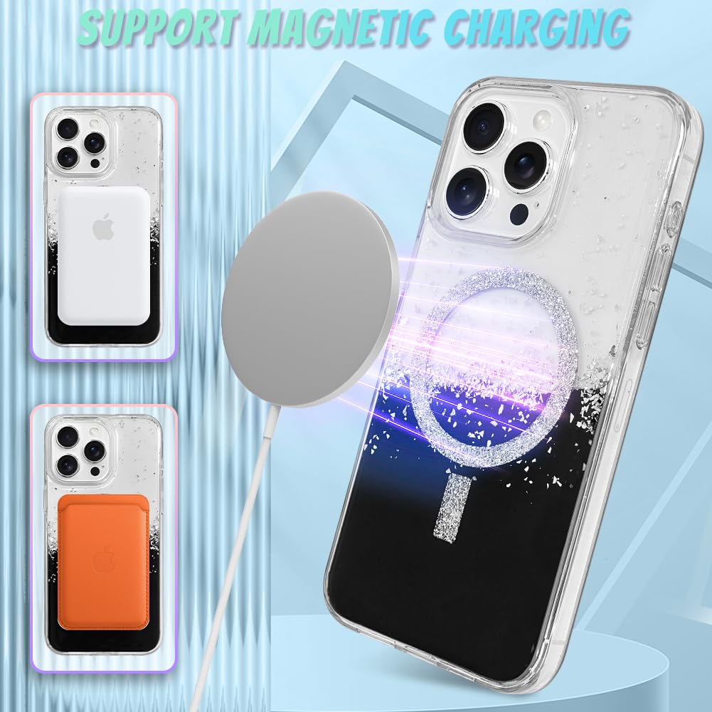 Bonoma For Iphone 15 Pro Max Case, Sparkly Glitter Bling Back, Magnetic Support For Magsafe Shockproof Case, Crystal And Clear H