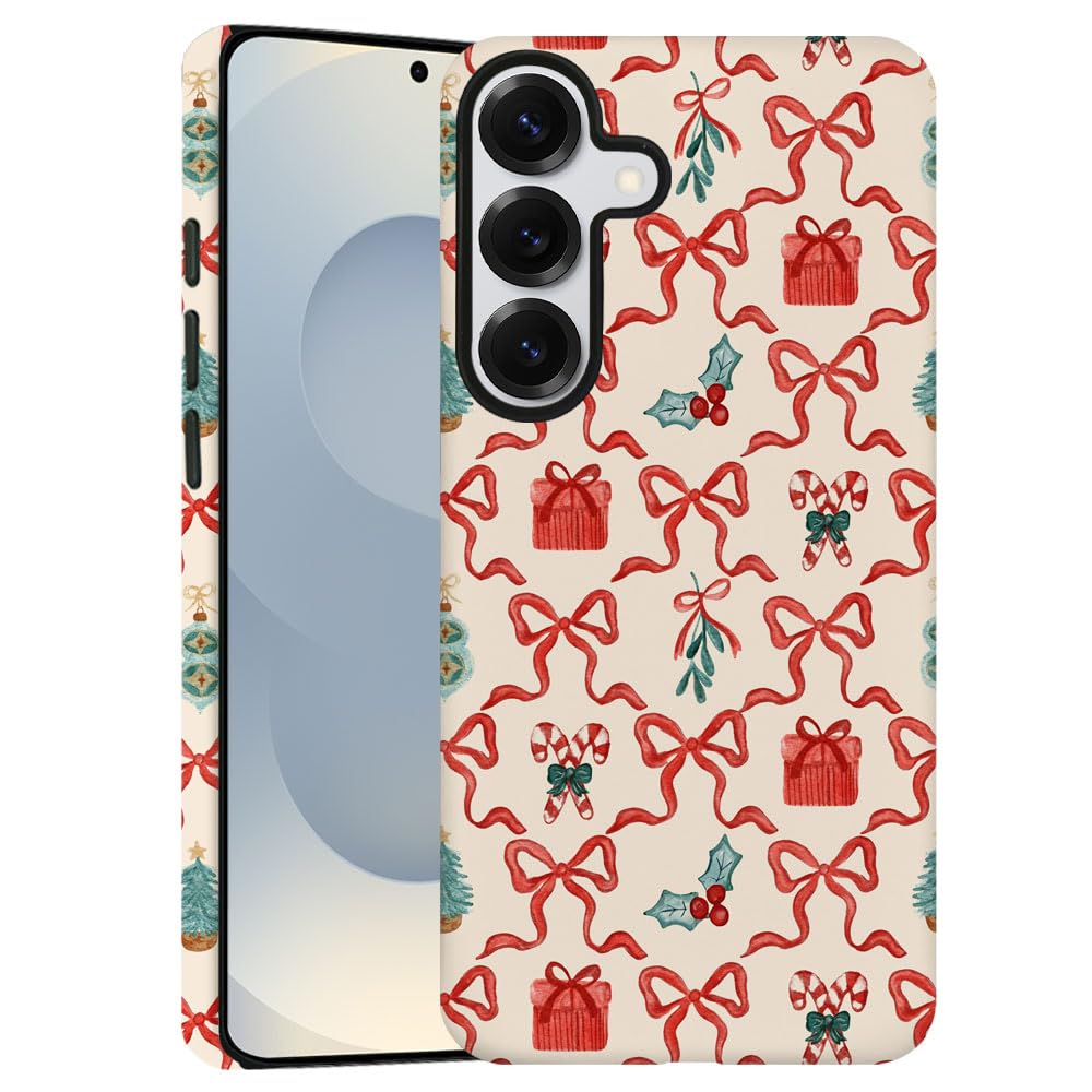 TnXee Case for Samsung Galaxy S25 Plus,Red Green Christmas Tree Scroll Bow Phone Case Drop Resistant Frosted 2 in 1 Solid Dual-L