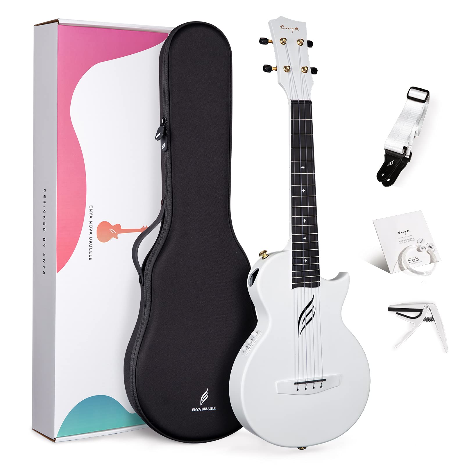 Enya Tenor Ukulele 26 Inch Carbon Fiber Acousticplus Cutaway Travel Ukelele for Beginner Bundle Kit Including Case, Strap, Capo 