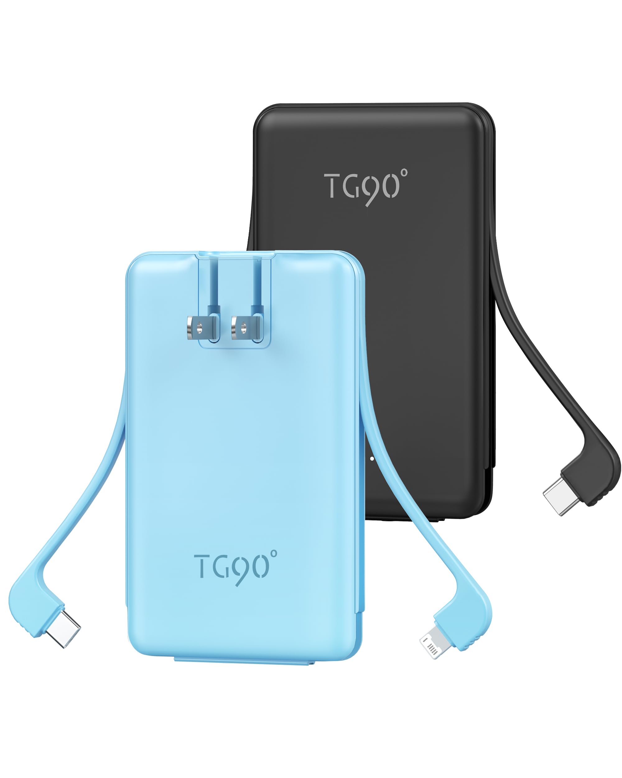 TG90 5000mAh Mini Power Bank Built-in AC Wall Plug and Cables, Pocket Size USB C Portable Charger, External Battery Pack Compati