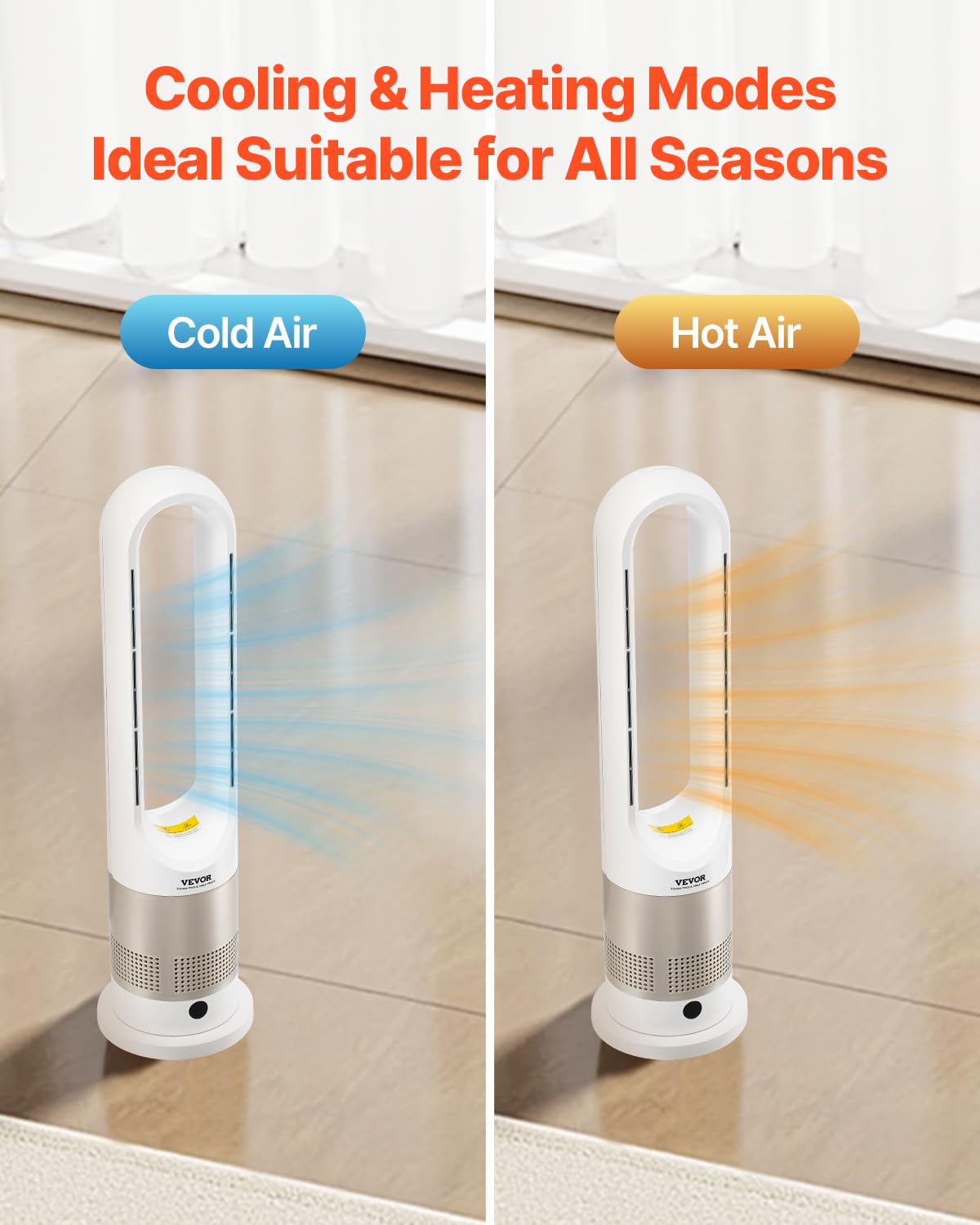 Vevor Tower Fan Bladeless, 16 Ft/S Velocity Quiet Floor Fan That Blows Cold & Heating Air, 80 Oscillating Fans With 8 Speeds, 9H