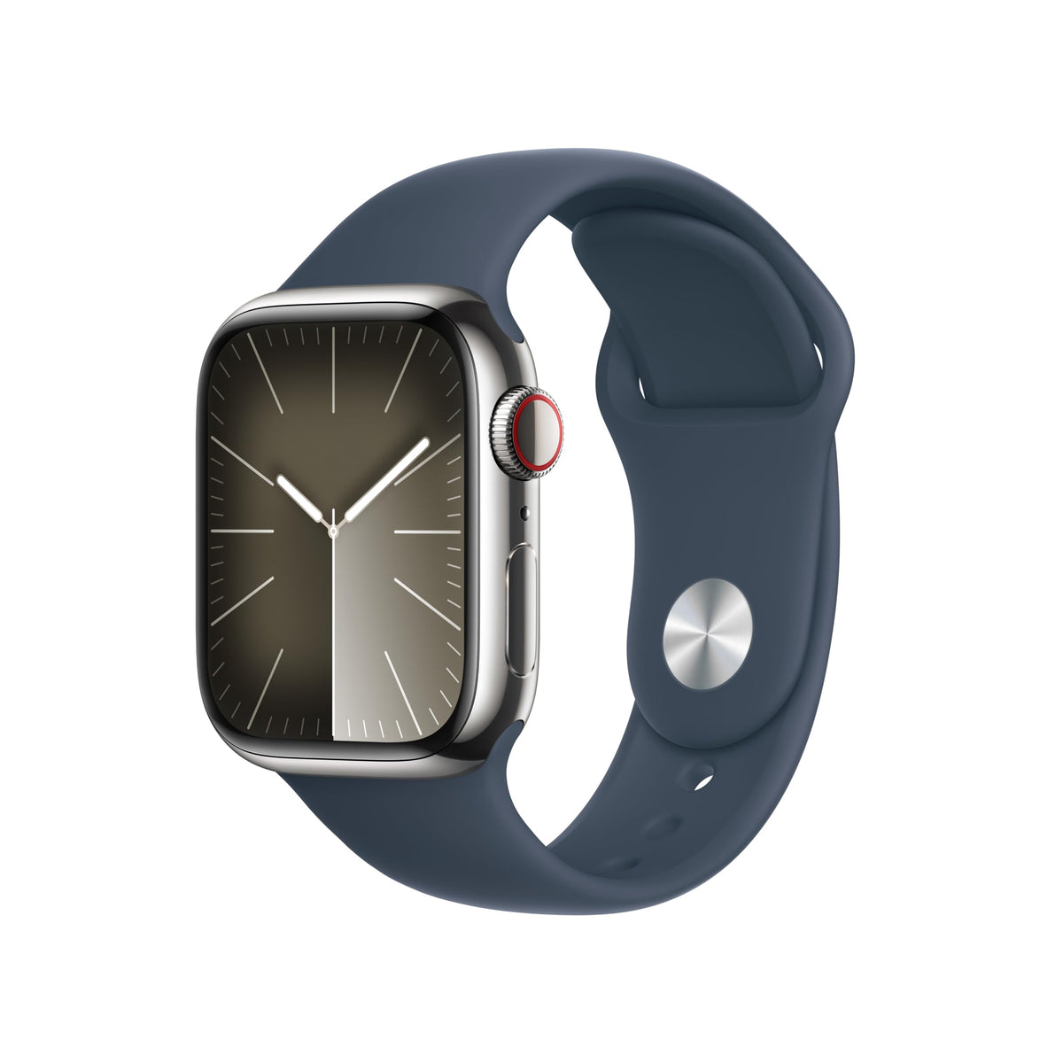 Apple Watch Series 9 [GPS + Cellular 41mm] Smartwatch with Silver Stainless Steel Case with Storm Blue Sport Band S/M. Fitness Tracker, ECG Apps, Always On Retina Display
