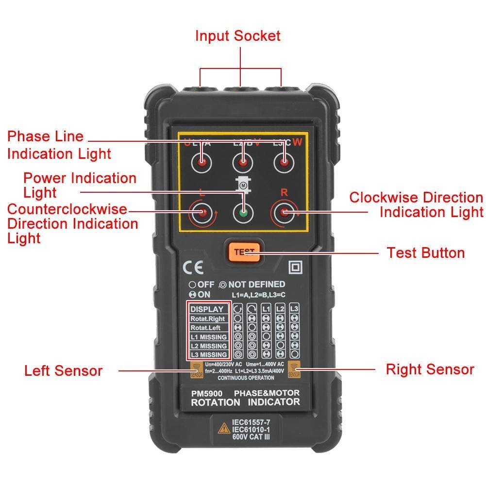 Motor Rotation Tester, Pm5900 Portable Handheld Three Phase Motor Rotation Indicator Tester