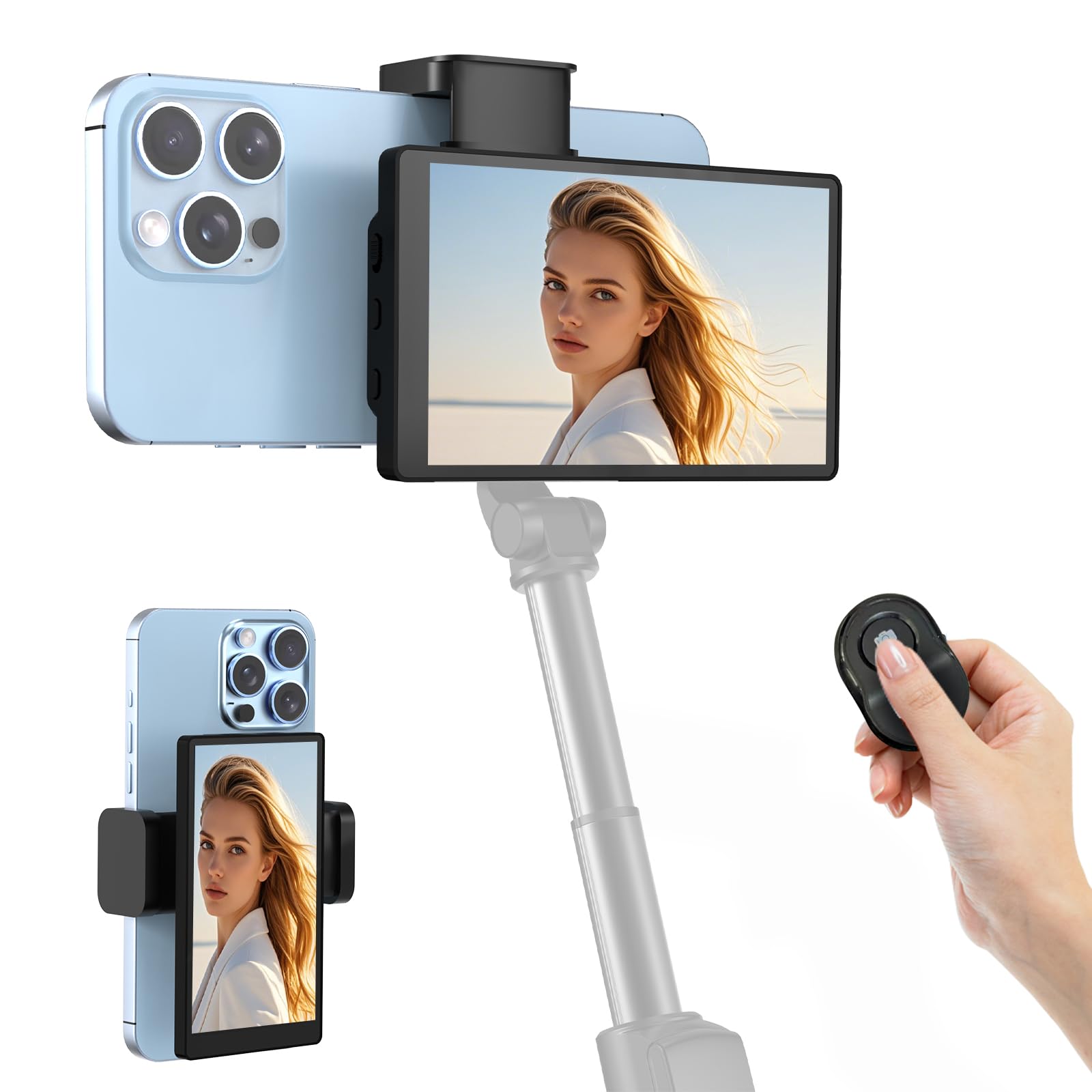 Apekx 5'' Vlog Selfie Monitor Screen - Wireless/Wired Streaming For Iphone And Android, Low Latency, With Magnetic Clip-On Mount