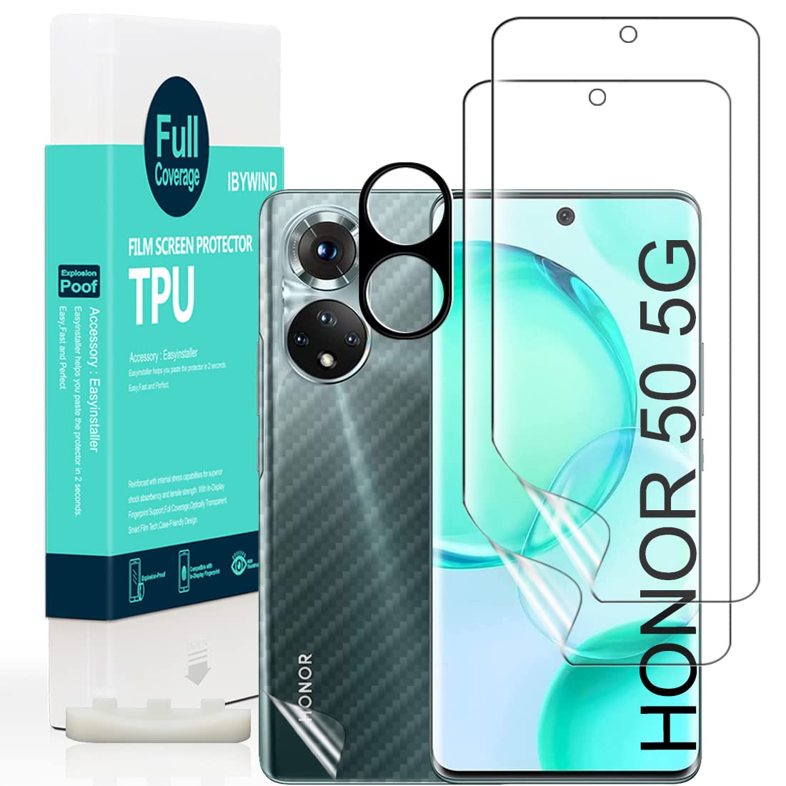 Ibywind Screen Protector For Honor 50 5G (6.57 Inches),With 2Pcs Flexible Tpu Film,1Pc Camera Lens Protector,1Pc Backing Carbon