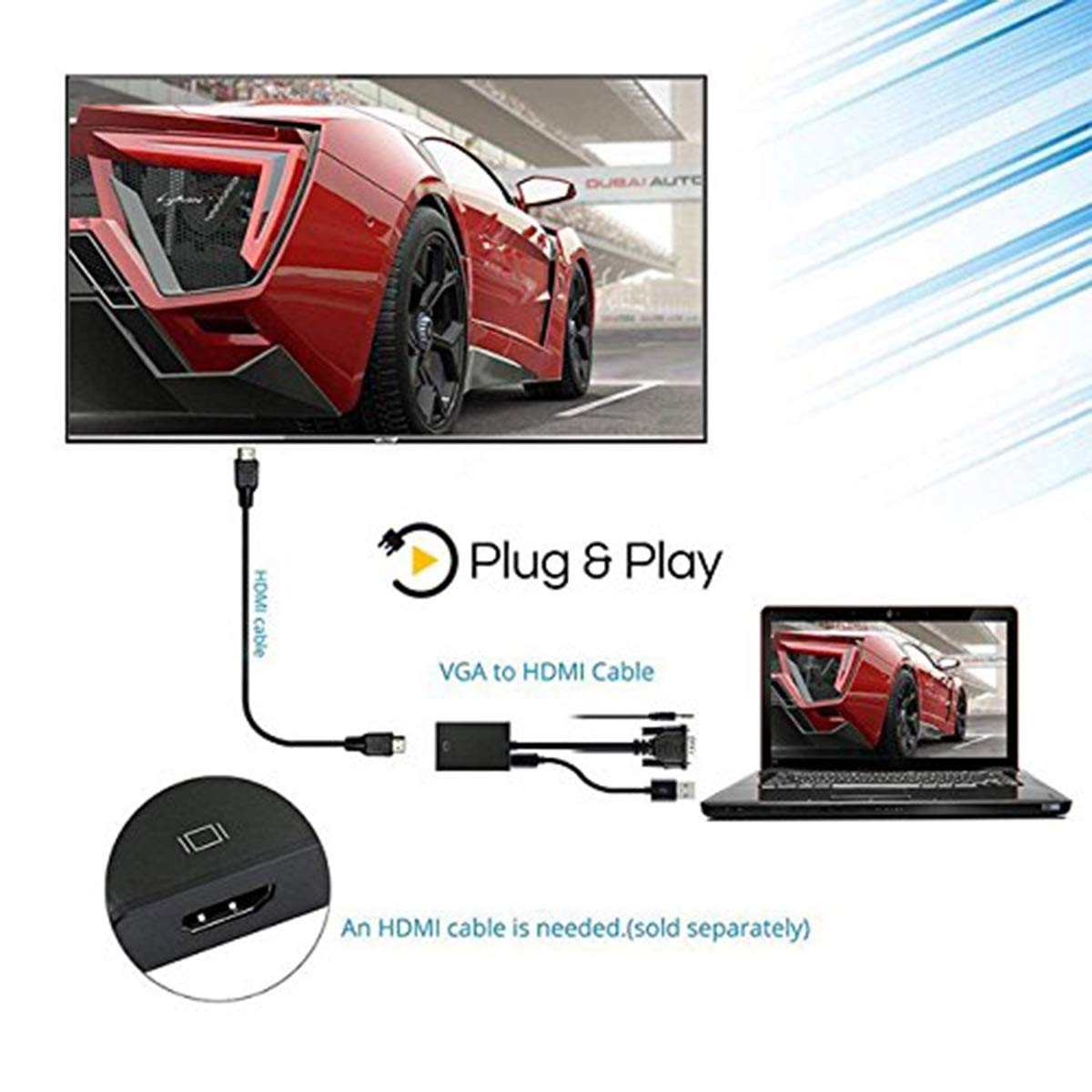 Onten Vga To Hdmi, 1080P Vga To Hdmi Adapter (Male To Female) For Computer, Desktop, Laptop, Pc, Monitor, Projector, Hdtv With Audio Cable And Usb Cable (Black)