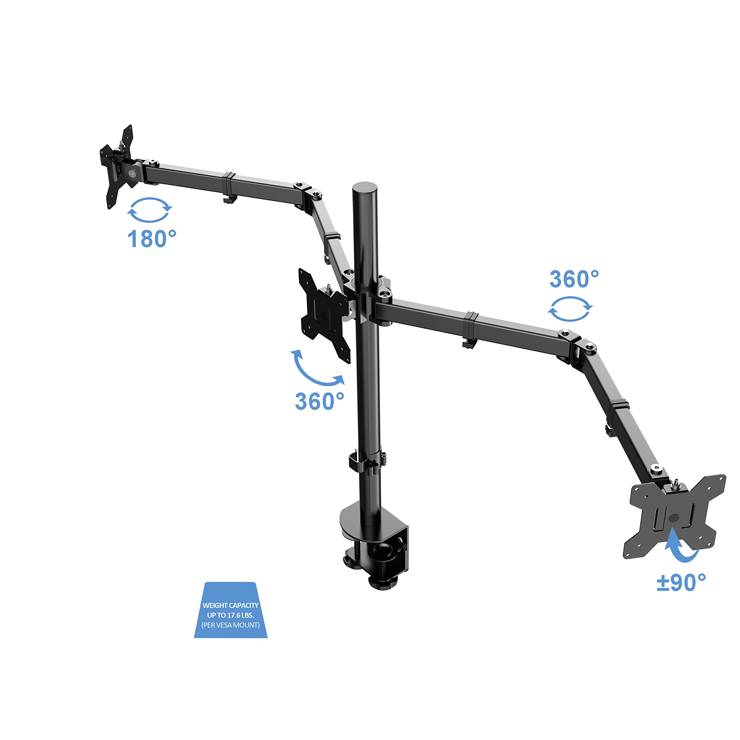 Rocelco Premium Triple Monitor Desk Mount   Standard Pattern Fits 13'   27' LED LCD Flat Computer Screen   Three Articulated Full Motion Adjustable Arms   Grommet and C Clamp   Black (R DM3)