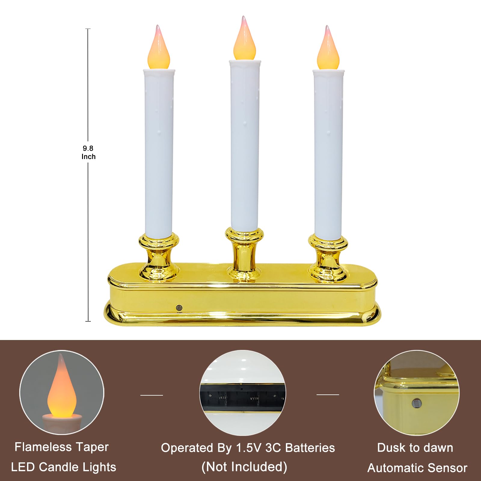 3 Light Battery Operated Christmas Window Candles With Sensor Dusk To Dawn, Cordless Flameless Flicker Taper Lights