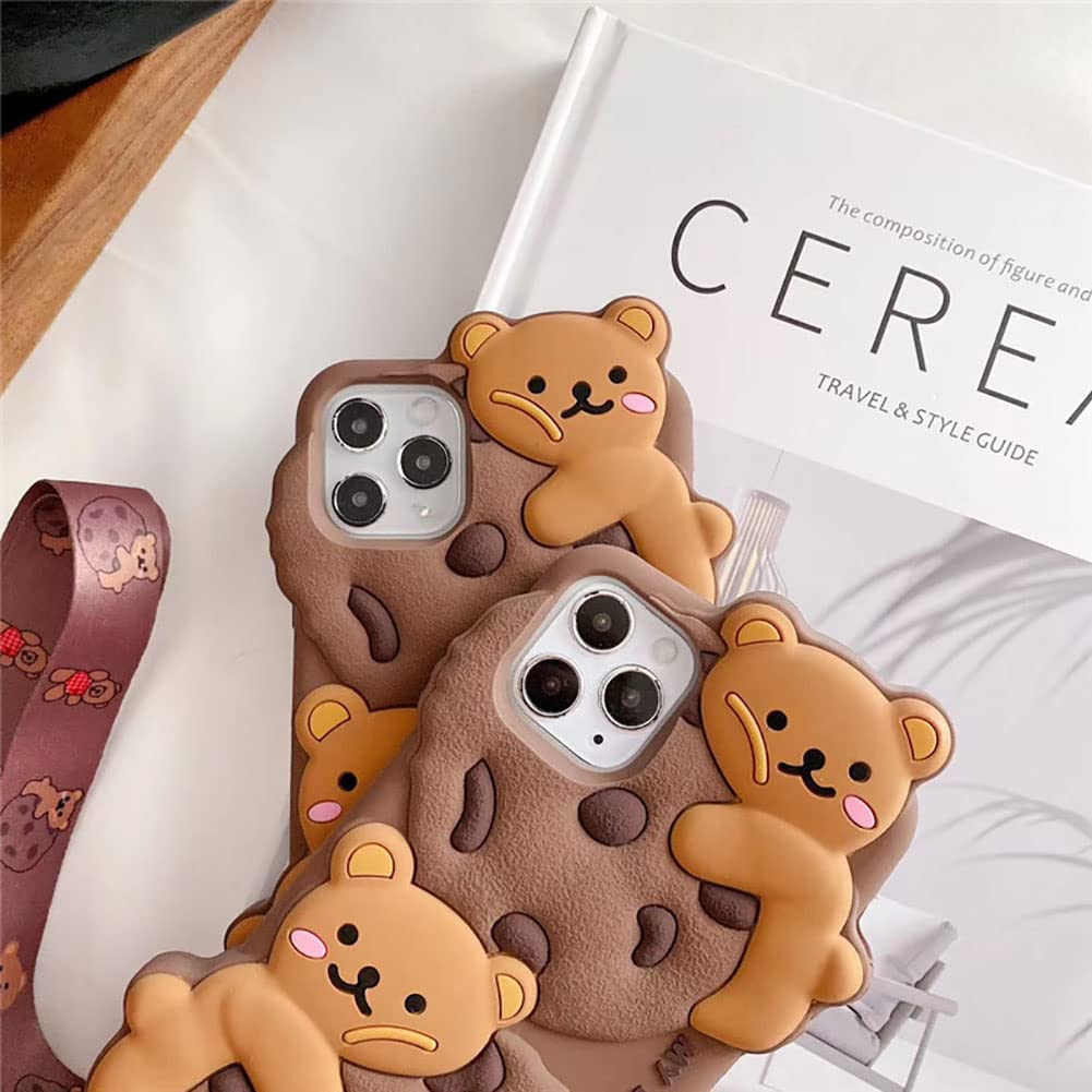 Yatchen For Iphone 13 Pro Case Cookie Bear Kawaii Phone Cases,Cute Iphone 13 Pro Case With Strap Lanyard Keychain 3D Cartoon Bea