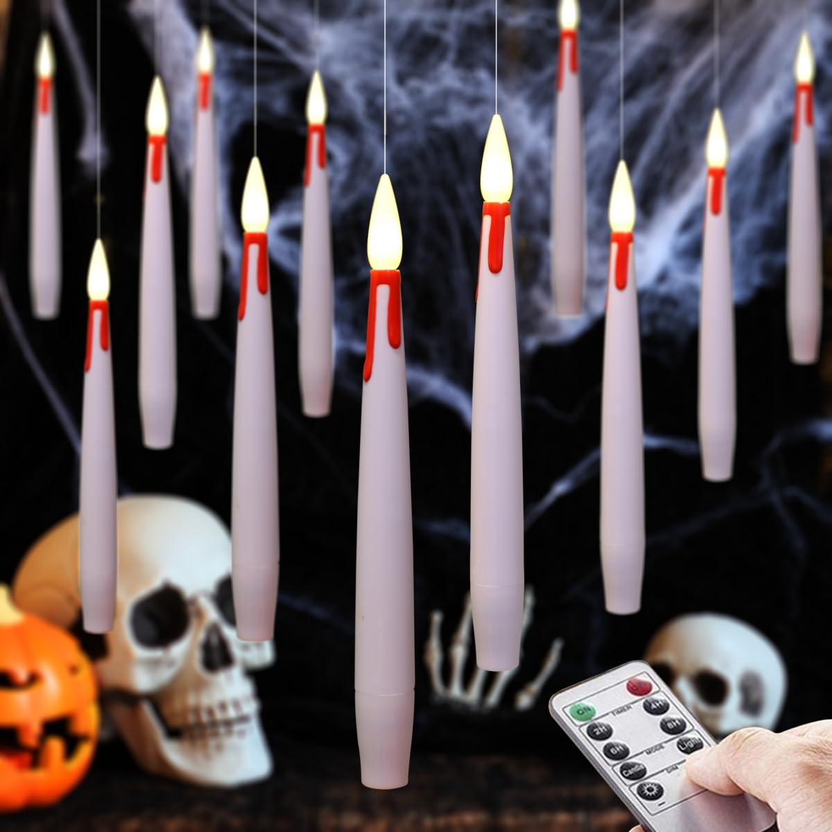 Nonno & Zgf Set Of 12 Flameless Floating White Candles With 4.9Ft Fishing Line, Dripping Red Blood(Pigment), 6'' Led Remote(Time