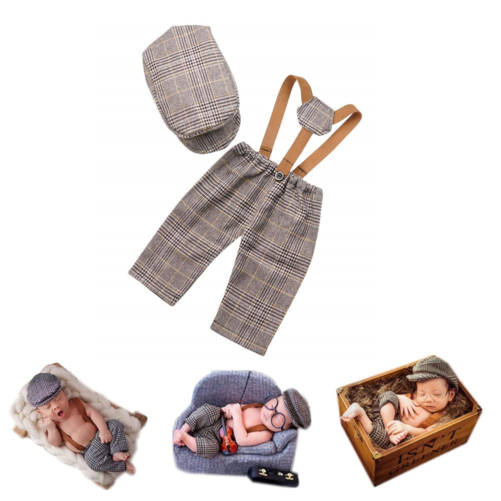 Coberllus Newborn Monthly Baby Photo Props Stripe Cool Boys Cap Rompers Photography (Brown)