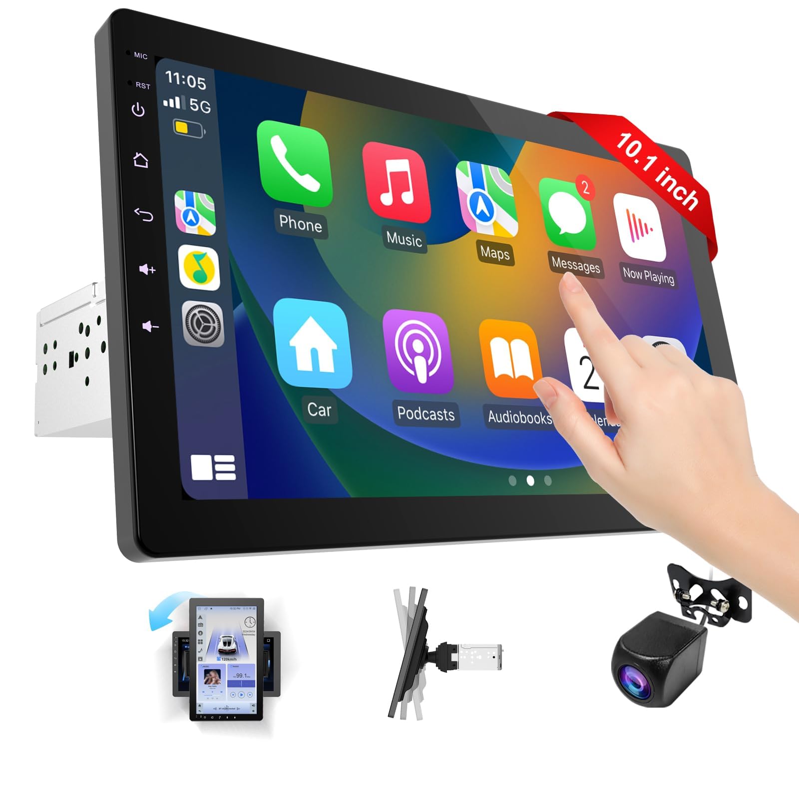 10.1 Inch Rotatable Carplay Screen for Car and Android Auto,Single Din Car Stereo with 720P Backup Camera,Touch Screen GPS Navig