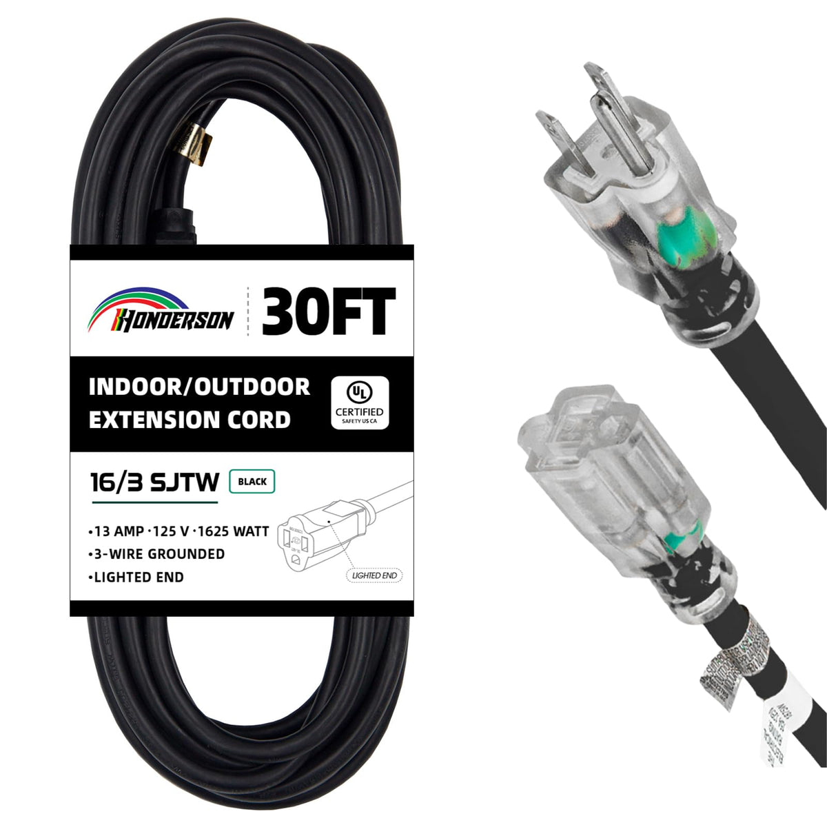 Honderson 30Ft 16/3 Christmas Lighted Outdoor Extension Cord   16 Gauge 3 Prong Sjtw Black Extension Cable With 3 Prong Grounded