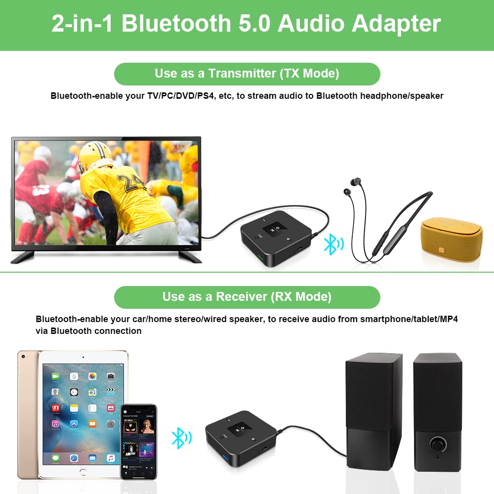 Golvery Bluetooth 5.0 Transmitter Receiver For Tv, 2 In 1 Bluetooth Aux Adapter For Pc/Dvd/Mp3/Car/Home Stereo/Speaker/Gym, Optical/Rca/Aux Connection, 25 Hours Playtime, Pair 2 Devices Simultaneously