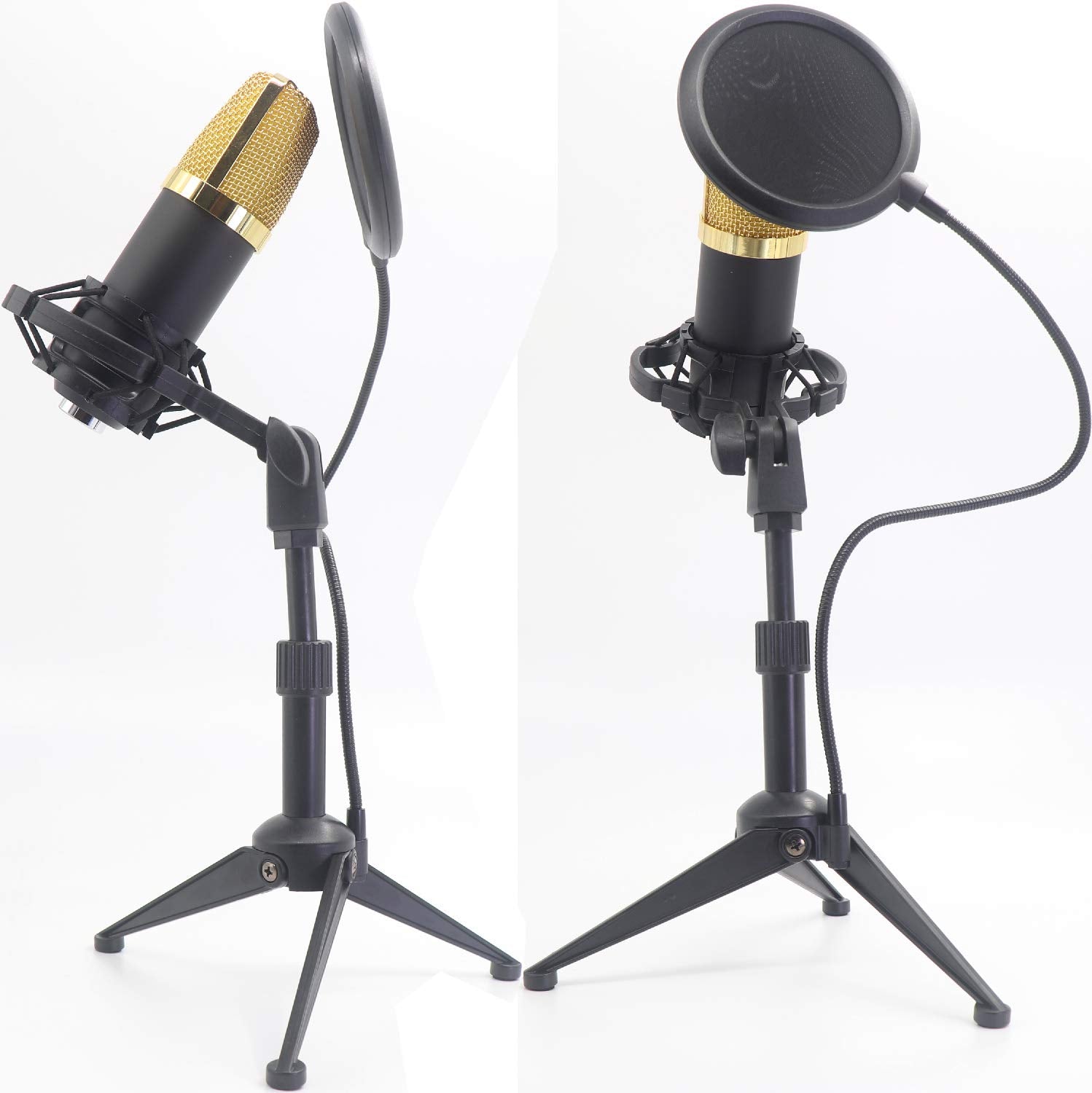 Desktop Microphone Tripod Suspension Stand With Shock Mount Anti Vibration Mic Holder And 4'' Round Mask Shield Double Net Wind