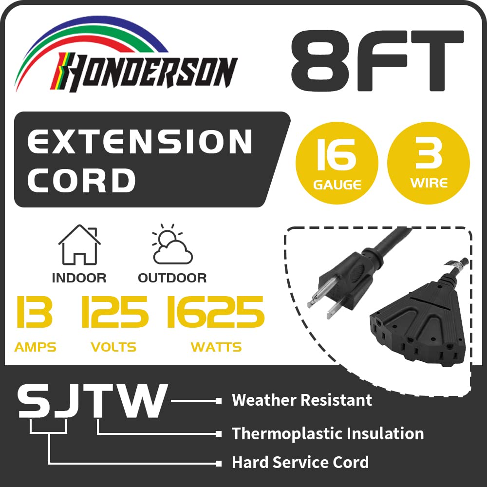 Honderson 3 Outlets Indoor Outdoor Extension Cord Weatherproof, Ul Listed, 16 Gauge 8Ft Black 3 Prong Heavy Duty, 16/3 Sjtw 13A