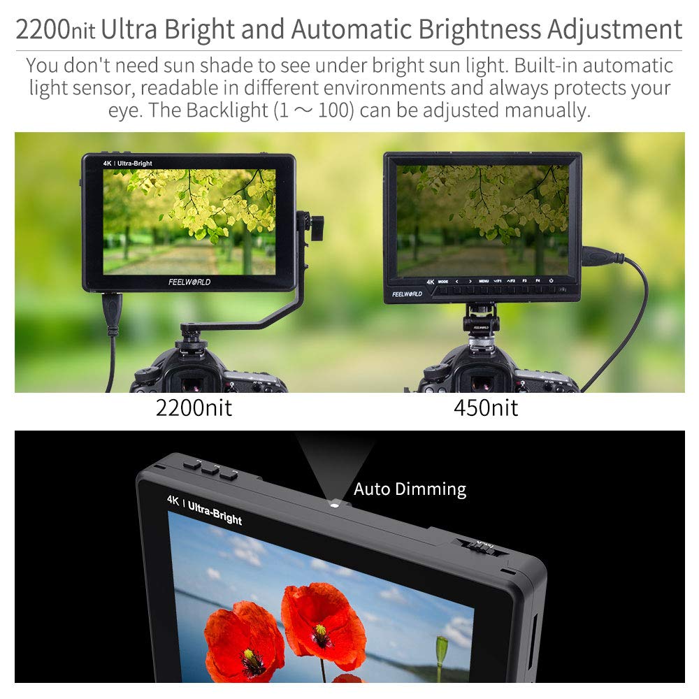 Feelworld Lut7 7 Inch Ultra Bright 2200Nit Touchscreen Camera Dslr Field Monitor With 3D Lut Waveform Automatic Light Sensor 192