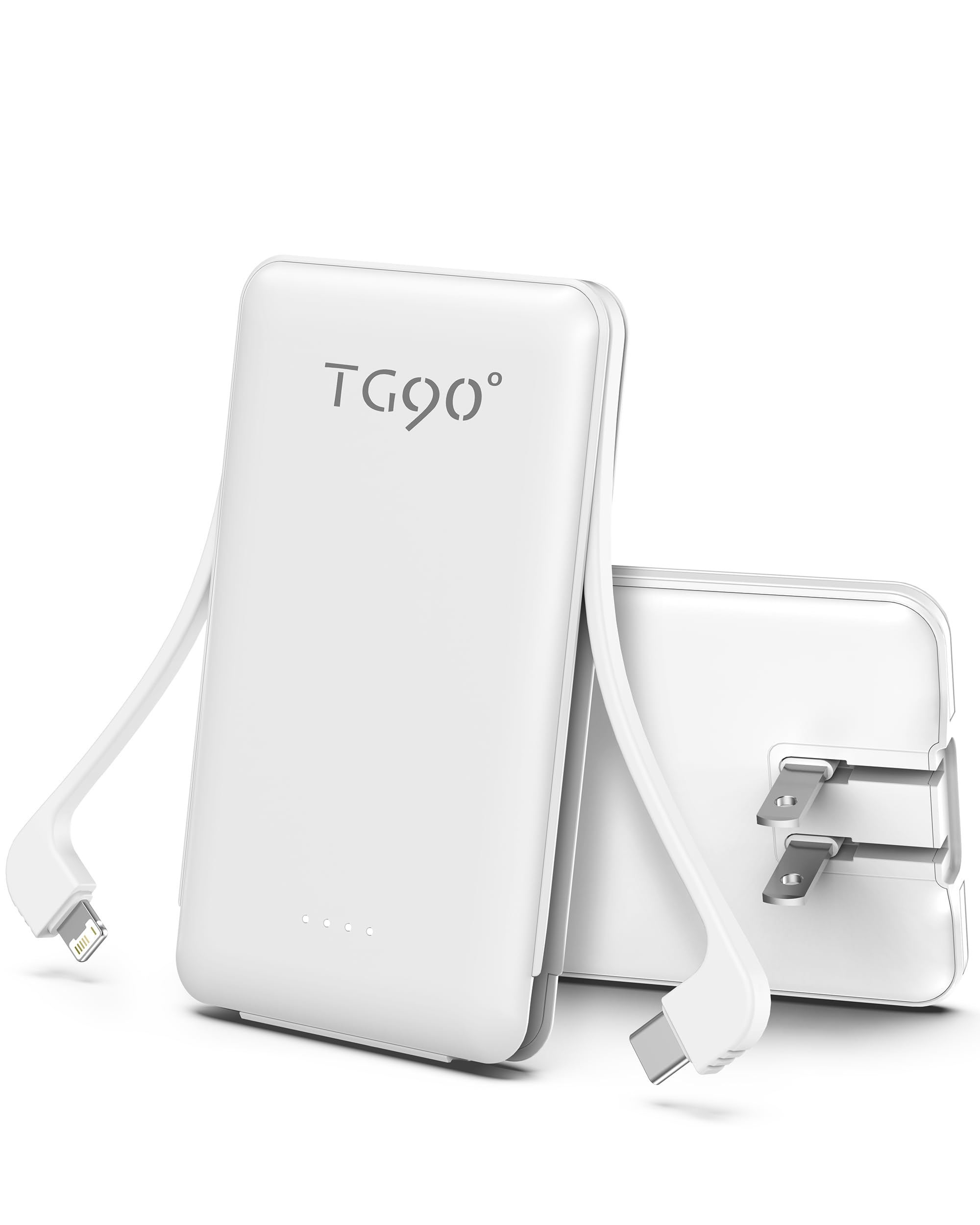 Tg90 Mini Power Bank With Built In Foldable Ac Wall Plug And Cables, 5000Mah Slim Portable Phone Charger Usb C Battery Pack, 3 O