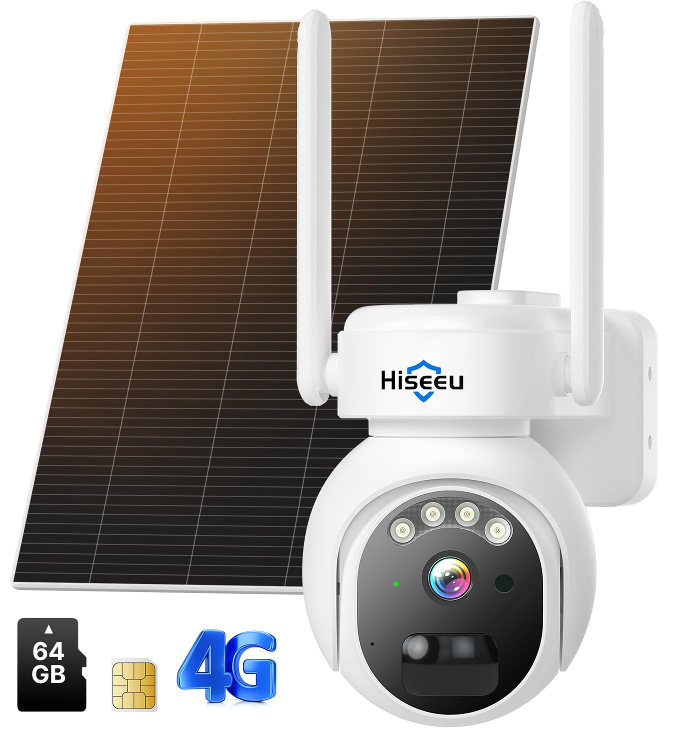 Hiseeu 4G Cellular Security Cameras Wireless Outdoor, No Wifi Security Camera, Solar Powered Cameras 360� Ptz, 2K Color Night Vision, 2 Way Talk, Pir Motion, 64G Sd & Sim Card Included