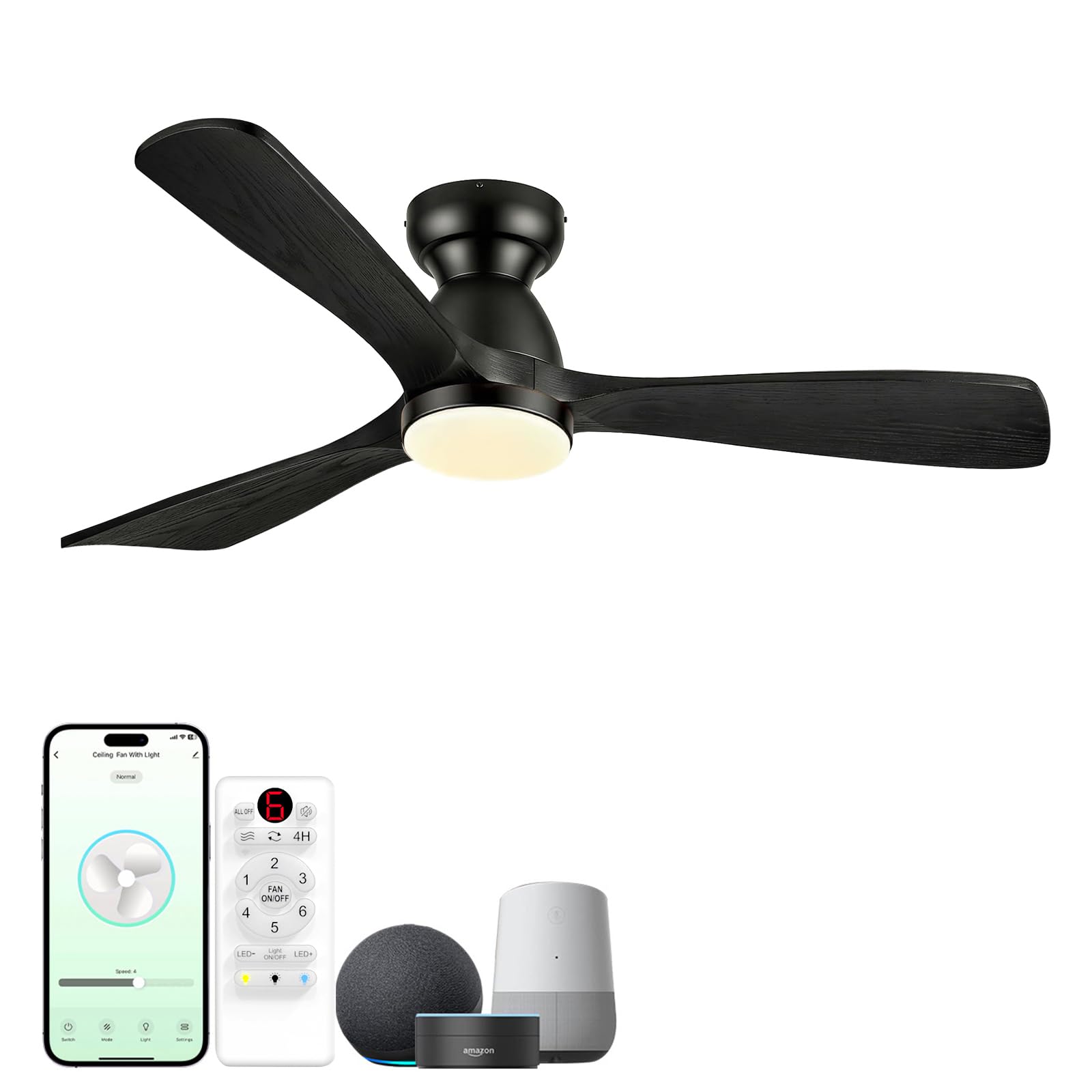 52in Smart Flush Mount Ceiling Fans with Lights,Outdoor Low Profile Wood Ceiling Fan Quiet DC Motor,Work with Alexa/Gg Voice Con