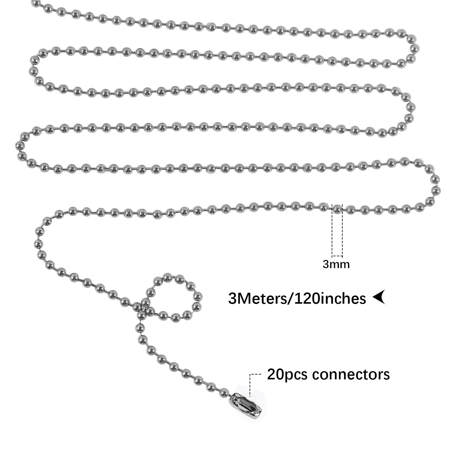 Dotlite Silver Ceiling Fan Pull Chain, 120'' Extra Long Rust Proof 3Mm Beaded Ball Light Pulls Extension Chains With 20 Connecto