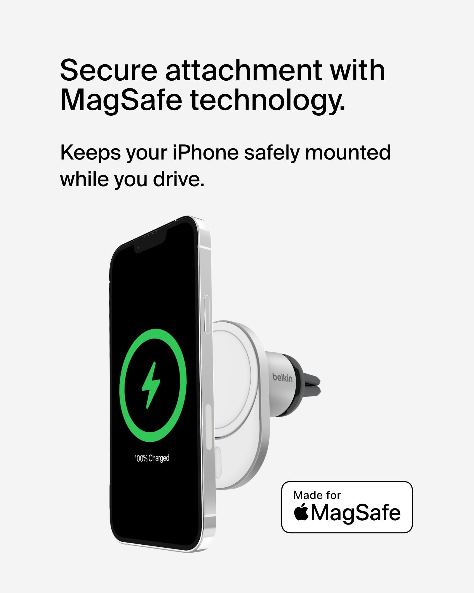 Belkin MagSafe Compatible Wireless Car Charger with 15W Fast Charging, Powerful Magnetic Vent Holder for iPhone 16, 15, 14, 13, and 12 Series, Secure Car Phone Mount   White
