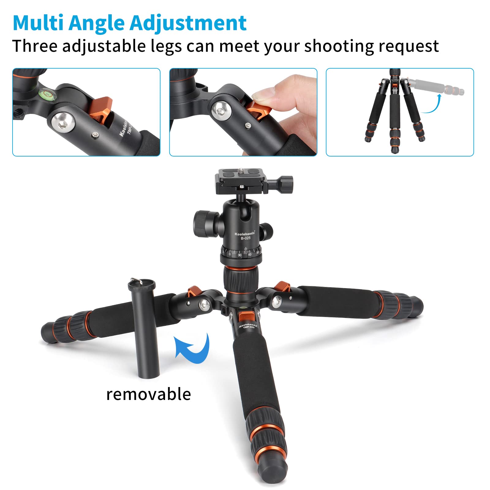 Koolehaoda Mini Tripod Aluminum Alloy 7"-25" Adjustable 360° Ball Head, Load up to 22lbs, Orange, Model TMP-223