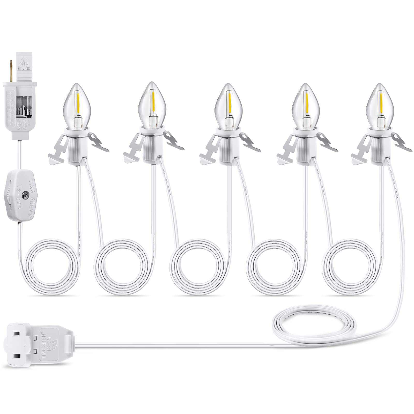 Leelosp Christmas Accessory Cord With 5 Led Light Bulbs, 11.5 Feet White C7 Lamp, On/Off Switch Plug, Spare Fuses, Female/Male P