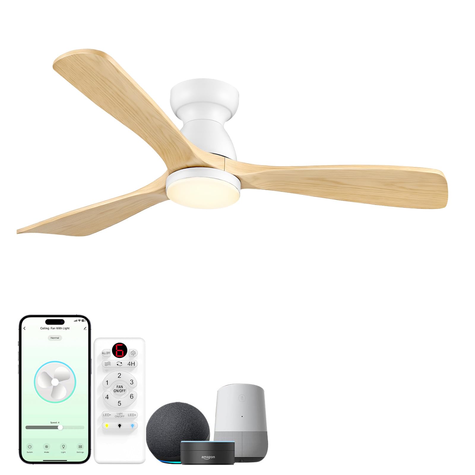 ORGINESE 60 inch Smart Flush Mount Ceiling Fan with Lights,Low Profile Wood Ceiling Fan with lights Works with App&Alexa/Gg Voic