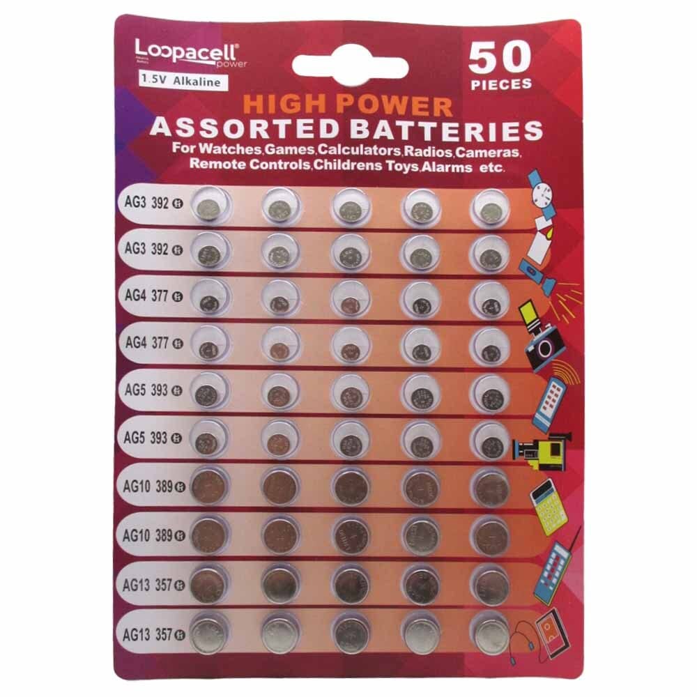 Loopacell High Power Super Alkaline Button Cell Assorted 1.5V Battery Ag3/Lr41 Ag4/Lr626 Ag5/Lr754 Ag10/Lr1130 Ag13/Lr44,50 Coun