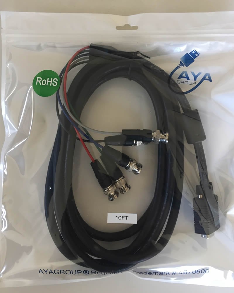 Aya 10Ft (10 Feet) Coaxial Hd15 Vga To 5 Bnc Rgbhv Male To Male Cable With Ferrites