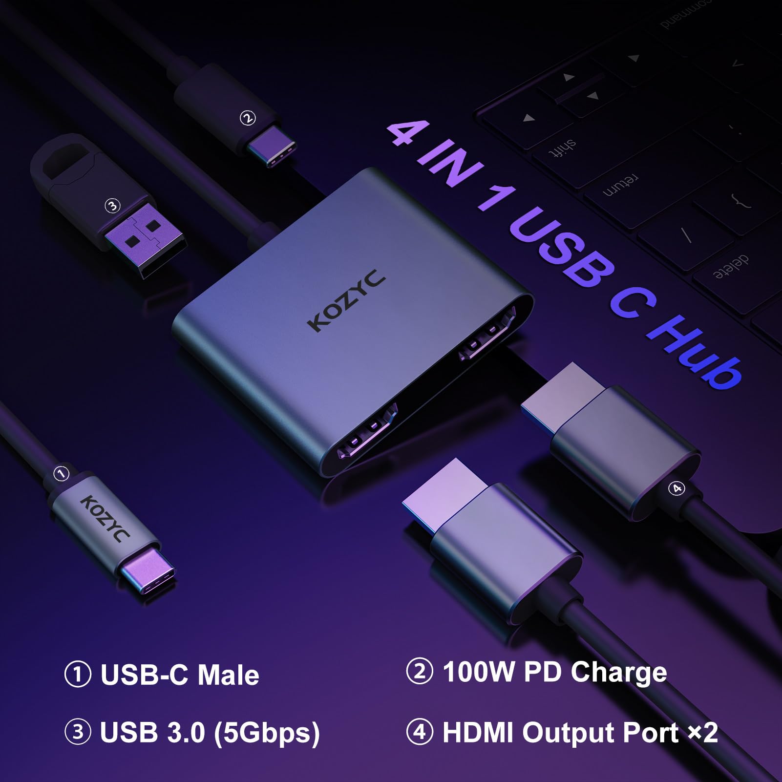 Usb C To Dual Hdmi Adapter 4K@30Hz, Kozyc Usb C Hub Multiport Adapter With 2Xhdmi, Usb 3.0, 100W Pd, Support Usb C To Hdmi Split