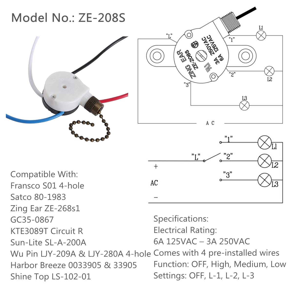 Ceiling Fan Switch Zing Ear Ze 208S E89885 3 Speed 4 Wire Fan Switch Pull Chain Ceiling Fan Switch Speed Control Switch For Ceil