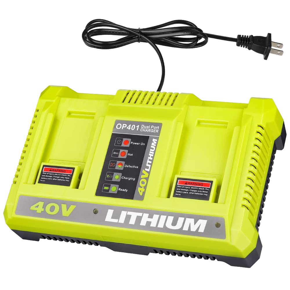 40V Battery Charger for Ryobi 40V Lithium-Ion Batteries, Dual Port Fast Charger Compatible with OP401 OP4026 OP4030 OP4040 OP405